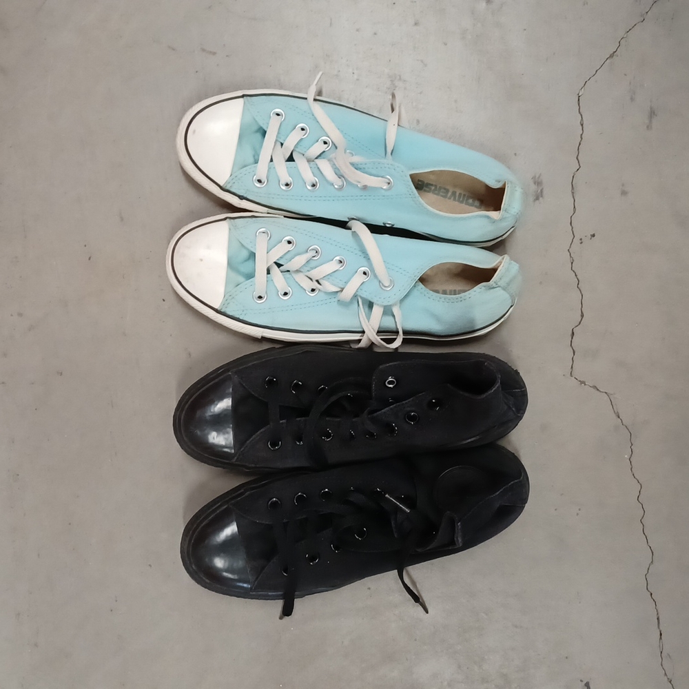 Converse All Stars. Low top sky blue, and high-top black monochromatic.